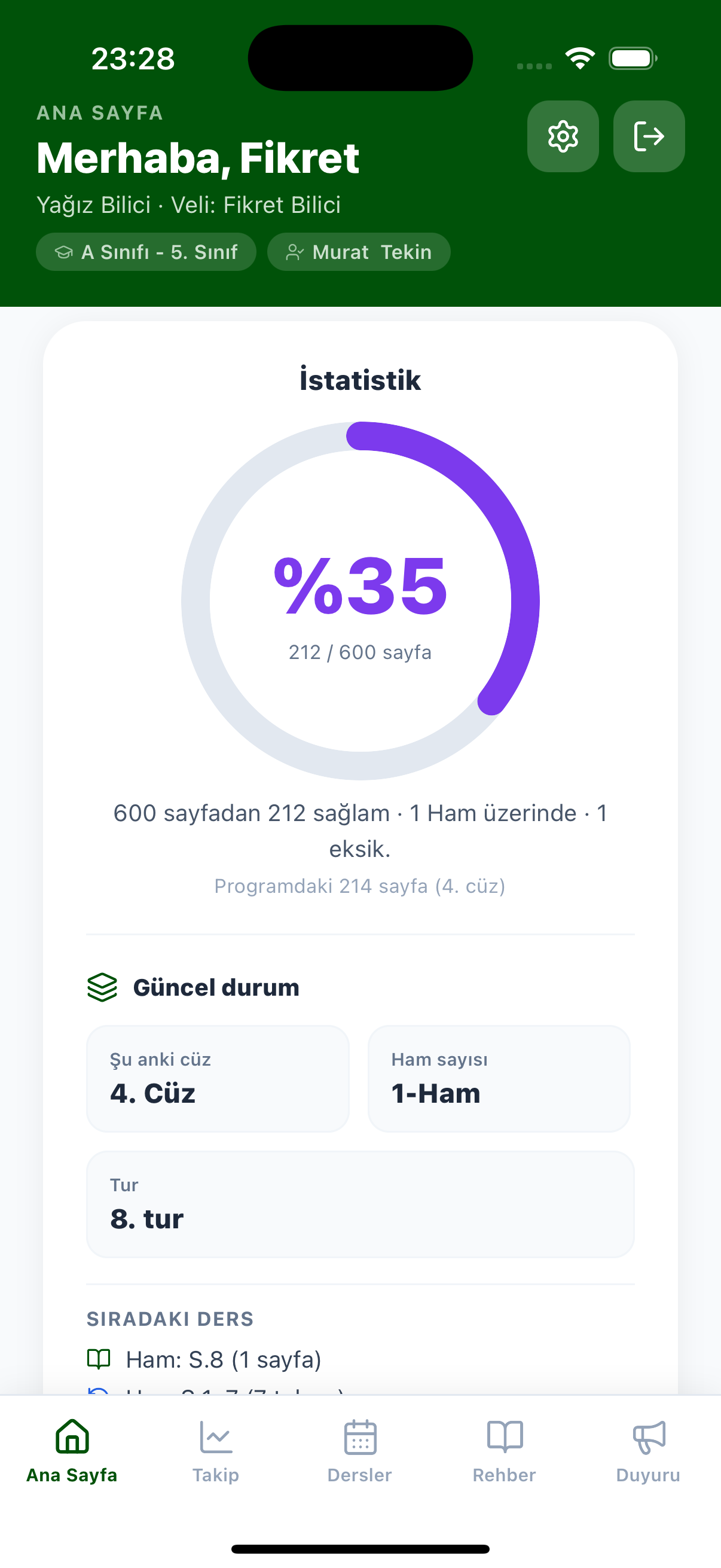Hafız uygulaması veli ana sayfası — ilerleme istatistikleri ve güncel durum